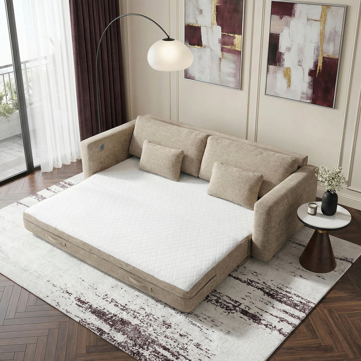 Cumulus Beige Convertible Queen Sleeper Sofa With Charging Ports - Ornate Home