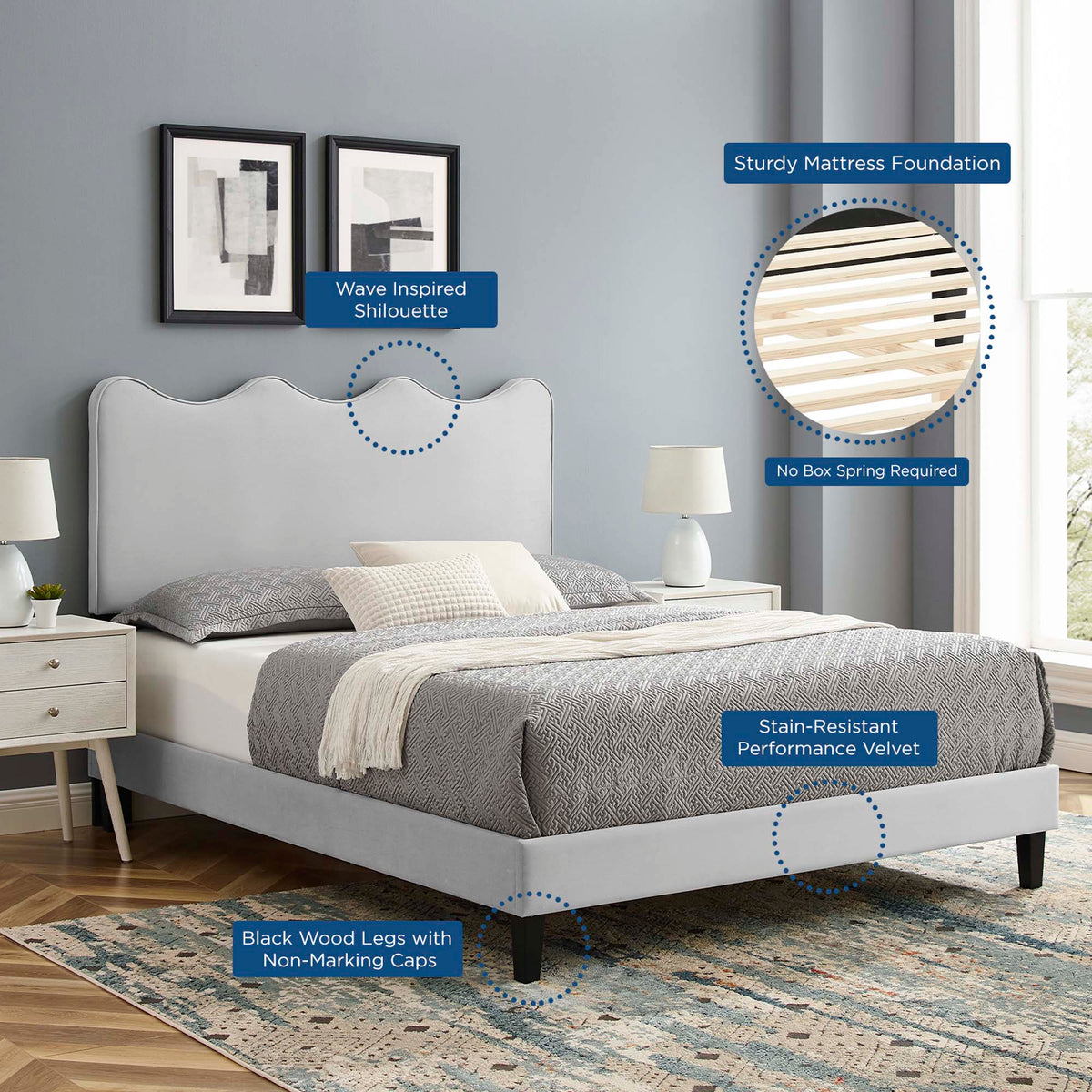 Current Light Gray Performance Velvet Full Platform Bed - 80x61.5" - Ornate Home