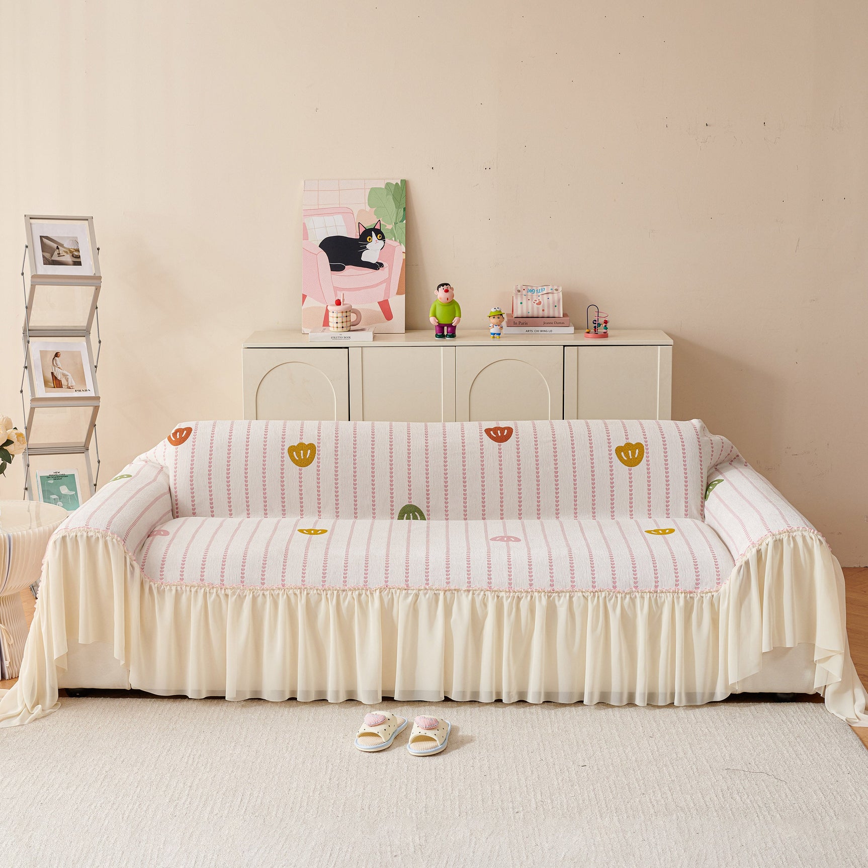 Cute Dotted Stripe Couch Protector, Non-Slip Washable Sofa Cover with Ruffled Skirt - Ornate Home