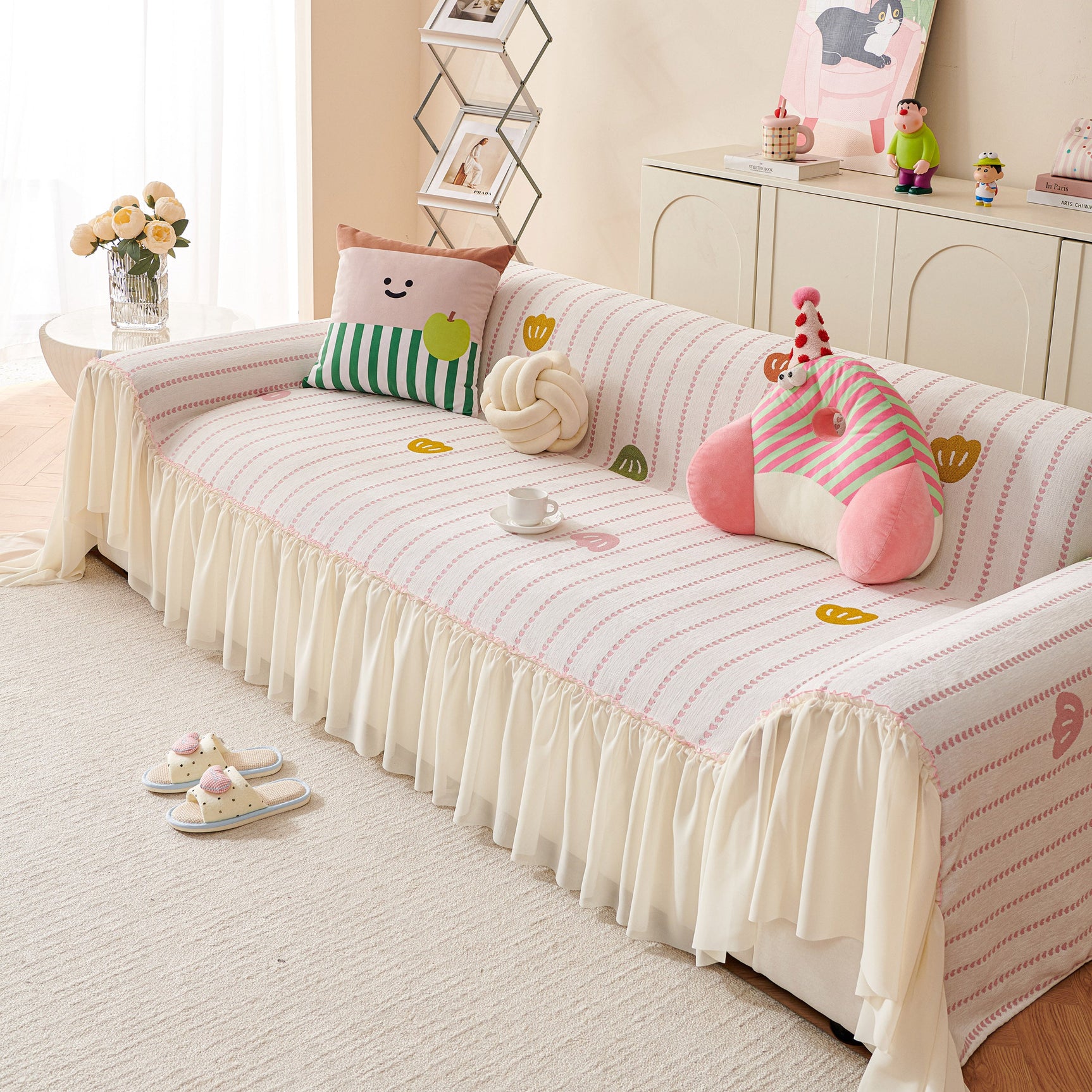 Cute Dotted Stripe Couch Protector, Non-Slip Washable Sofa Cover with Ruffled Skirt - Ornate Home