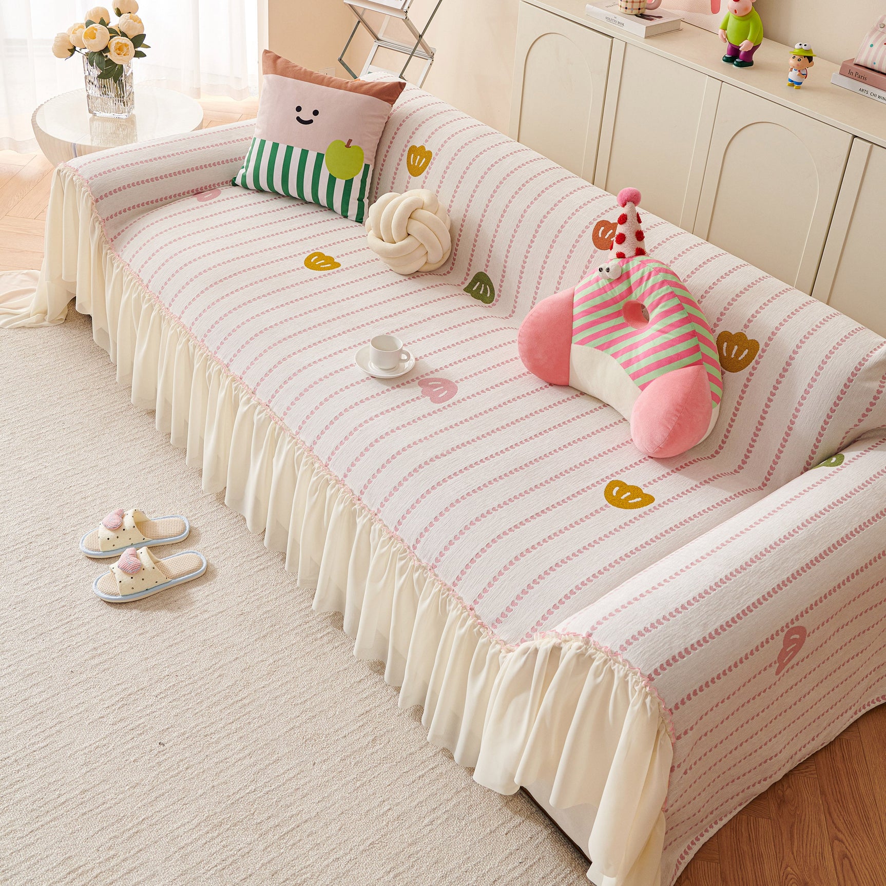 Cute Dotted Stripe Couch Protector, Non-Slip Washable Sofa Cover with Ruffled Skirt - Ornate Home