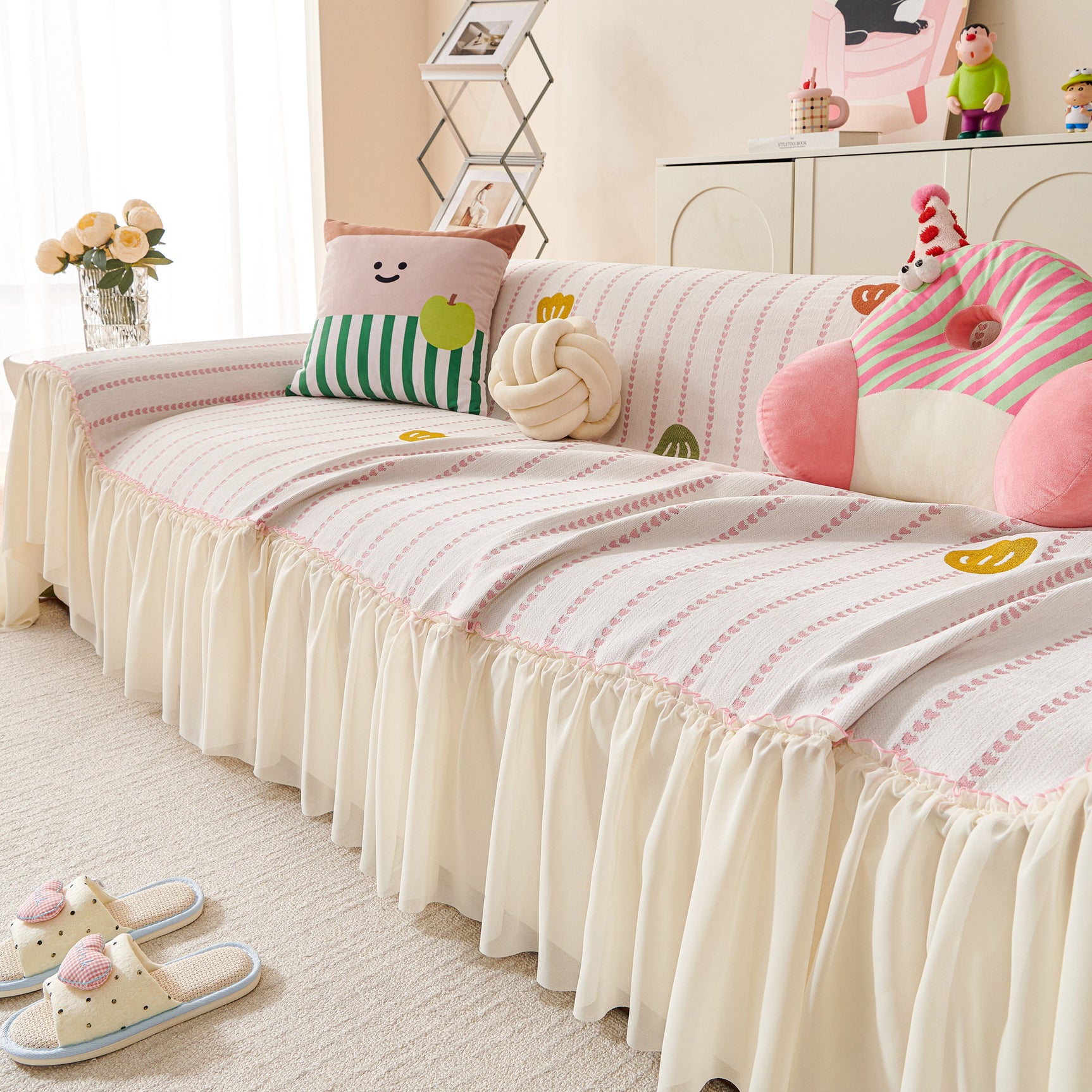 Cute Dotted Stripe Couch Protector, Non-Slip Washable Sofa Cover with Ruffled Skirt - Ornate Home