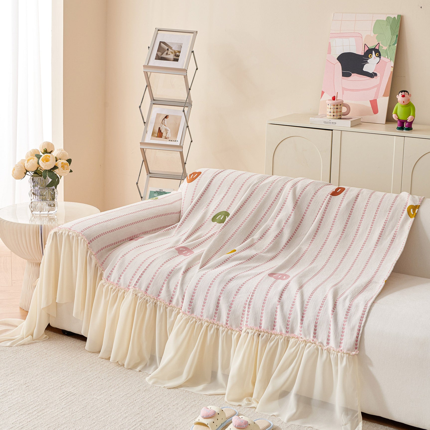 Cute Dotted Stripe Couch Protector, Non-Slip Washable Sofa Cover with Ruffled Skirt - Ornate Home