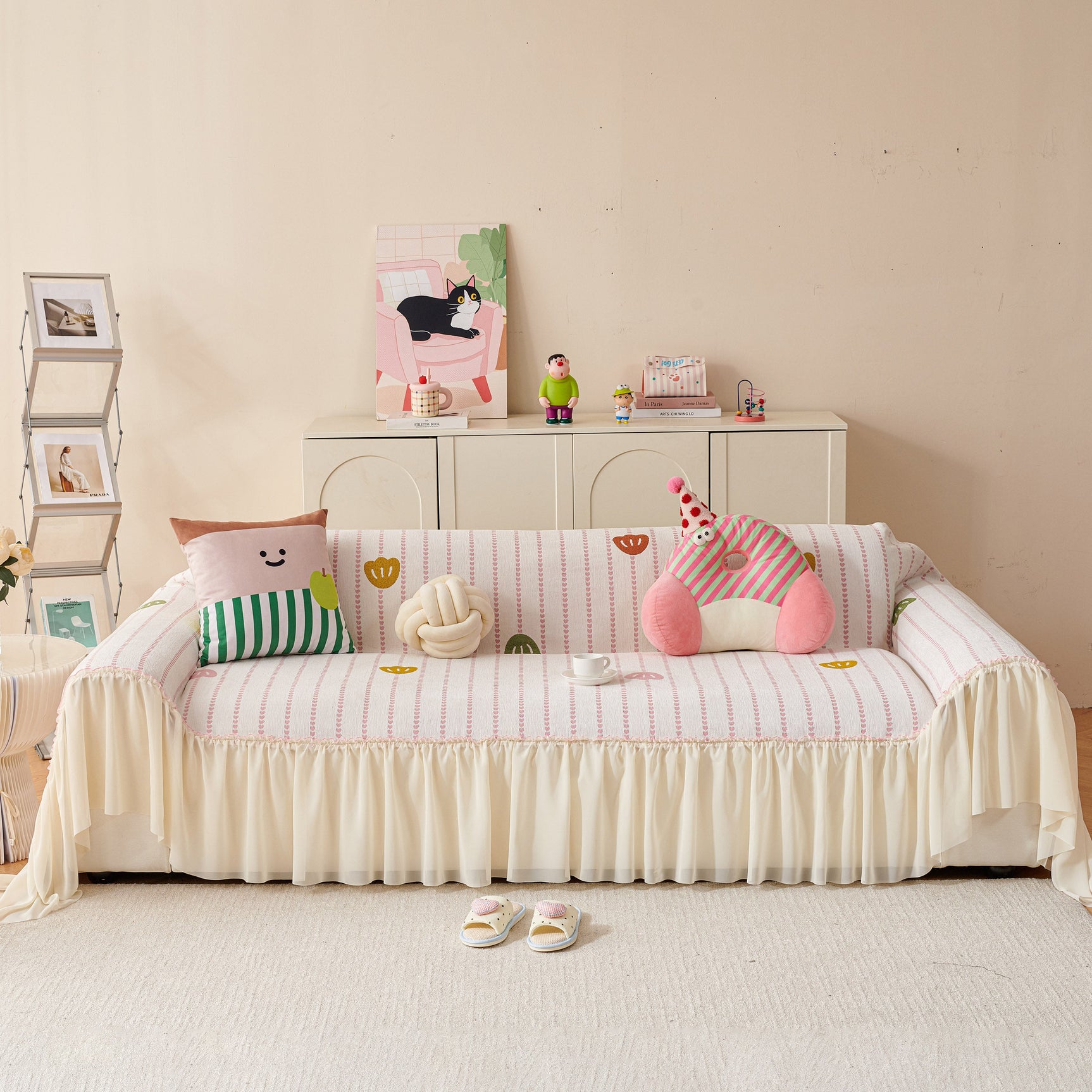 Cute Dotted Stripe Couch Protector, Non-Slip Washable Sofa Cover with Ruffled Skirt - Ornate Home