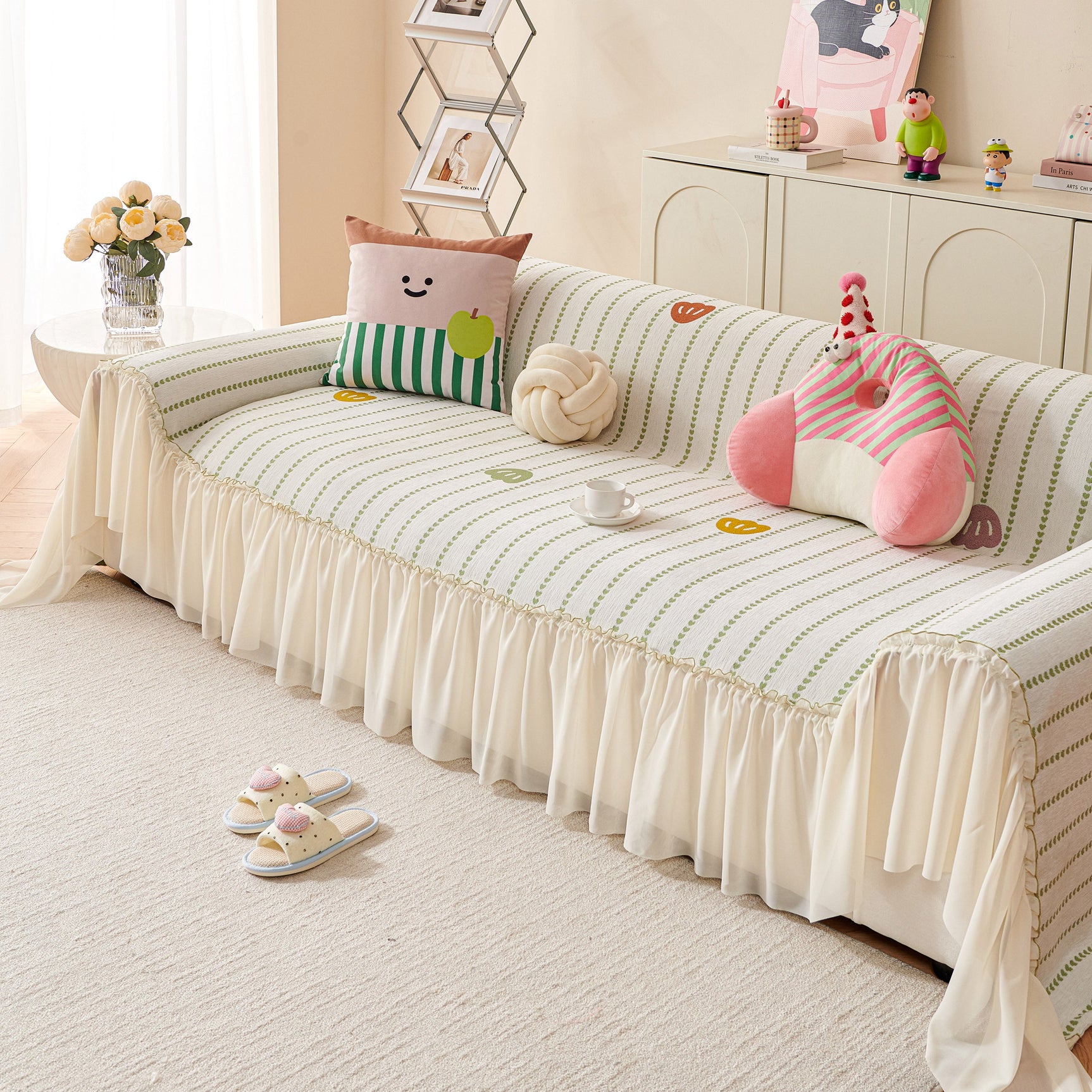 Cute Dotted Stripe Couch Protector, Non-Slip Washable Sofa Cover with Ruffled Skirt - Ornate Home