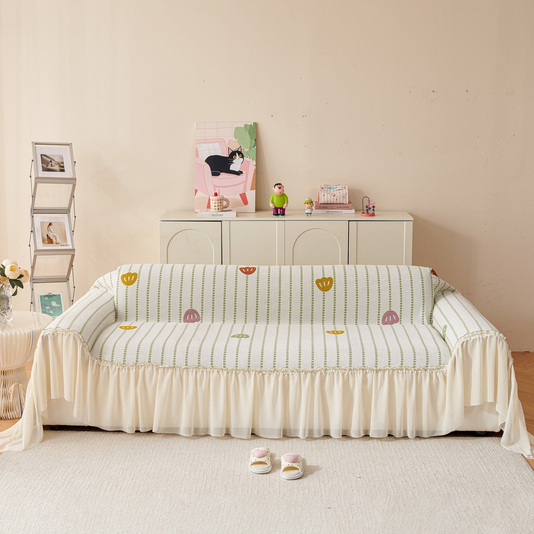 Cute Dotted Stripe Couch Protector, Non-Slip Washable Sofa Cover with Ruffled Skirt - Ornate Home