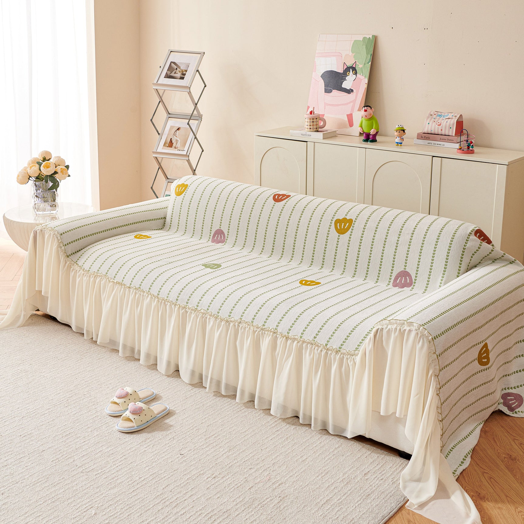 Cute Dotted Stripe Couch Protector, Non-Slip Washable Sofa Cover with Ruffled Skirt - Ornate Home