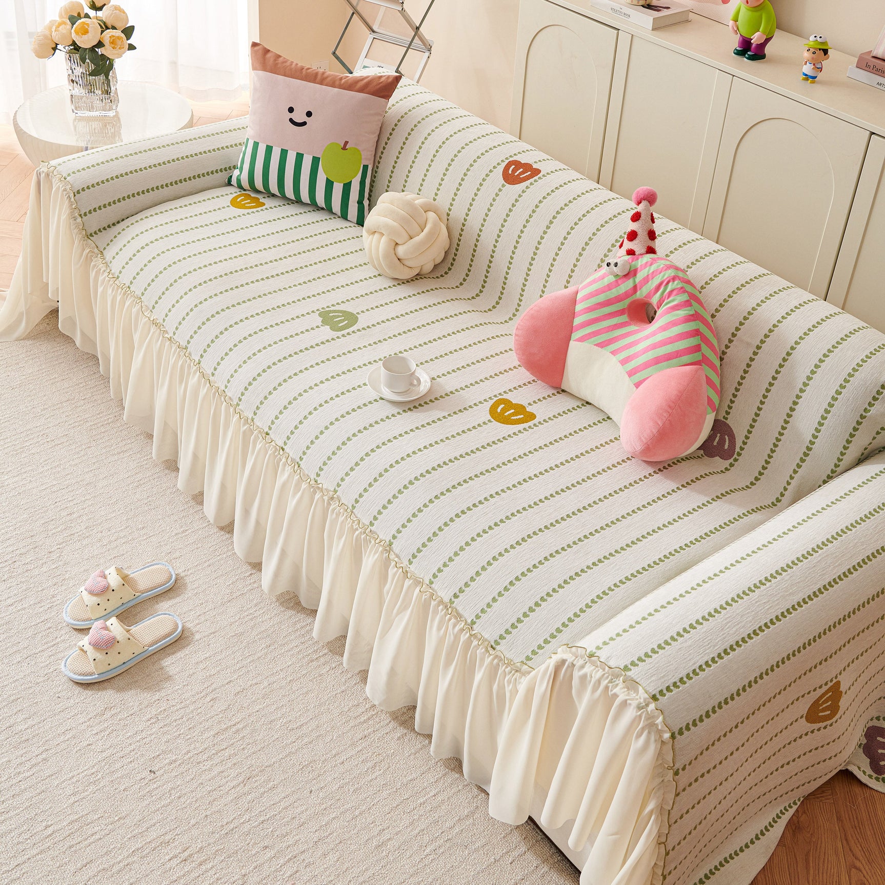 Cute Dotted Stripe Couch Protector, Non-Slip Washable Sofa Cover with Ruffled Skirt - Ornate Home
