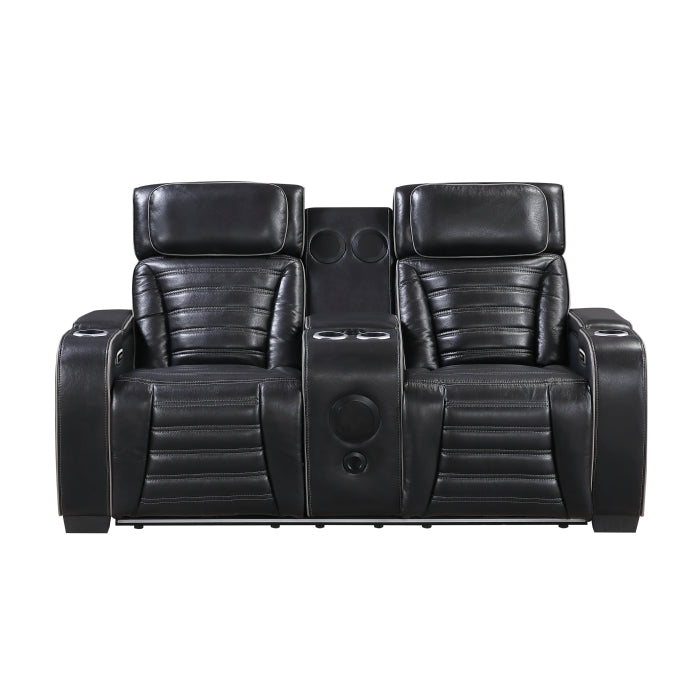 Cyber Black Power Double Reclining Loveseat With Center Console Power Headrests Storage Arms Cup Holders Wireless Speakers With Sub-woofer Air Massage Heat Led Lighting And Charging Ports - Ornate Home