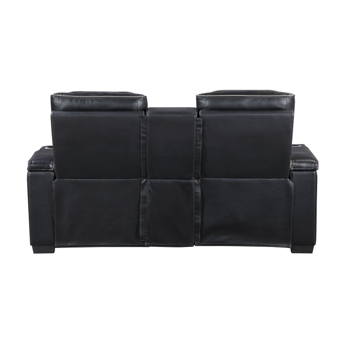 Cyber Black Power Double Reclining Loveseat With Center Console Power Headrests Storage Arms Cup Holders Wireless Speakers With Sub-woofer Air Massage Heat Led Lighting And Charging Ports - Ornate Home