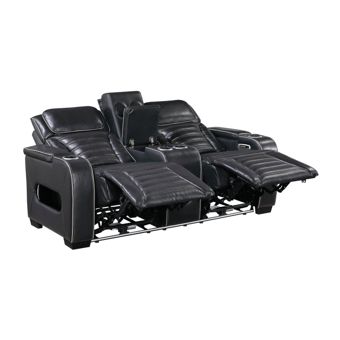 Cyber Black Power Double Reclining Loveseat With Center Console Power Headrests Storage Arms Cup Holders Wireless Speakers With Sub-woofer Air Massage Heat Led Lighting And Charging Ports - Ornate Home