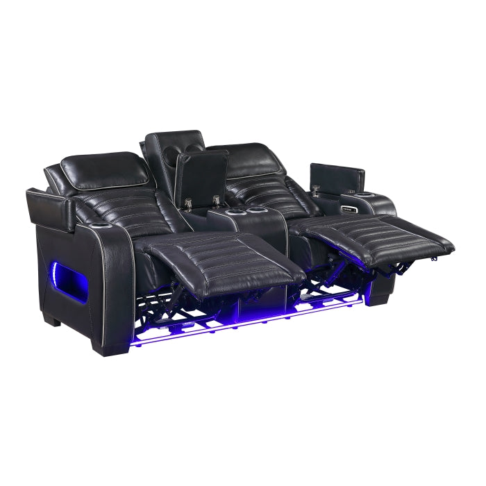 Cyber Black Power Double Reclining Loveseat With Center Console Power Headrests Storage Arms Cup Holders Wireless Speakers With Sub-woofer Air Massage Heat Led Lighting And Charging Ports - Ornate Home