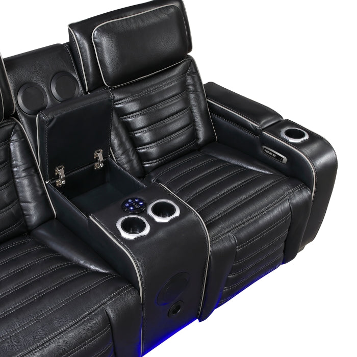 Cyber Black Power Double Reclining Loveseat With Center Console Power Headrests Storage Arms Cup Holders Wireless Speakers With Sub-woofer Air Massage Heat Led Lighting And Charging Ports - Ornate Home