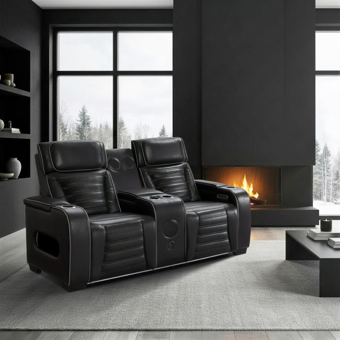 Cyber Black Power Double Reclining Loveseat With Center Console Power Headrests Storage Arms Cup Holders Wireless Speakers With Sub-woofer Air Massage Heat Led Lighting And Charging Ports - Ornate Home