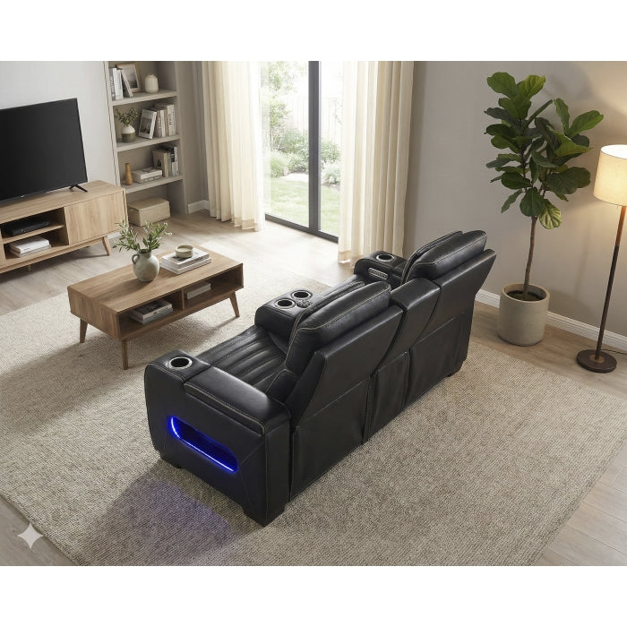 Cyber Black Power Double Reclining Loveseat With Center Console Power Headrests Storage Arms Cup Holders Wireless Speakers With Sub-woofer Air Massage Heat Led Lighting And Charging Ports - Ornate Home
