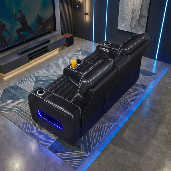 Cyber Black Power Double Reclining Loveseat With Center Console Power Headrests Storage Arms Cup Holders Wireless Speakers With Sub-woofer Air Massage Heat Led Lighting And Charging Ports - Ornate Home