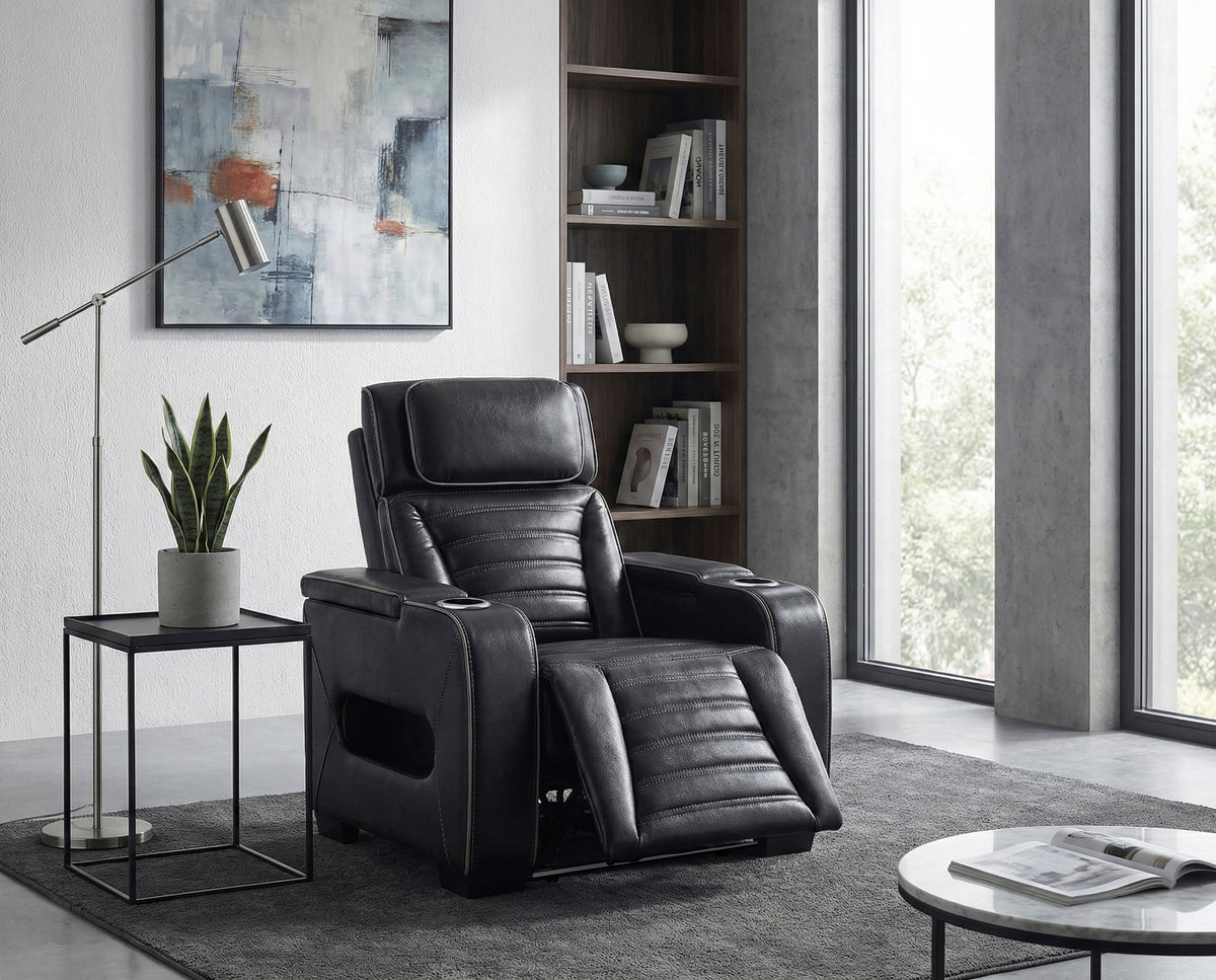 Cyber Black Power Reclining Chair With Power Headrest Cup Holder Storage Arms Air Massage Heat Led Lighting And Charging Ports - Ornate Home