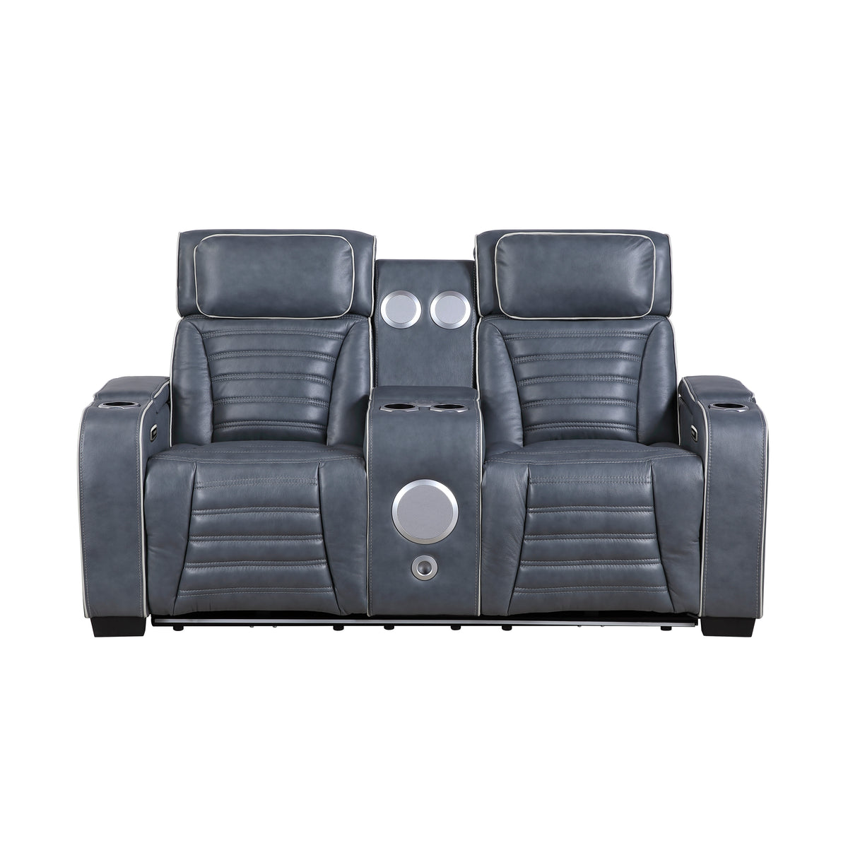 Cyber Blue Power Double Reclining Loveseat With Center Console Power Headrests Storage Arms Cup Holders Wireless Speakers With Sub-woofer Air Massage Heat Led Lighting And Charging Ports - Ornate Home