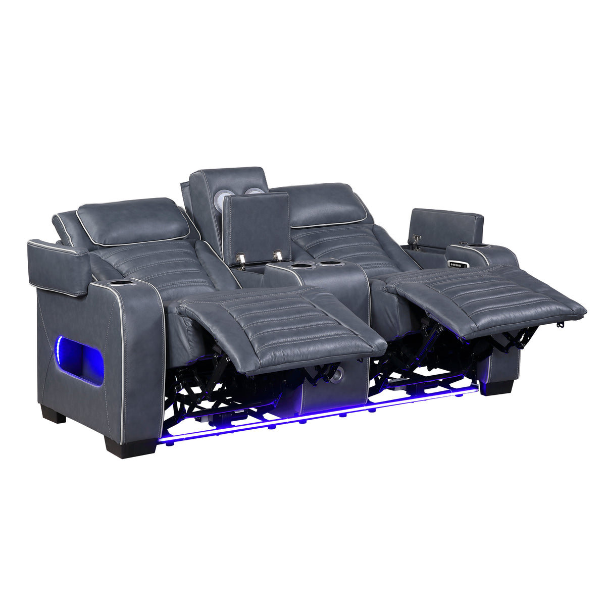 Cyber Blue Power Double Reclining Loveseat With Center Console Power Headrests Storage Arms Cup Holders Wireless Speakers With Sub-woofer Air Massage Heat Led Lighting And Charging Ports - Ornate Home
