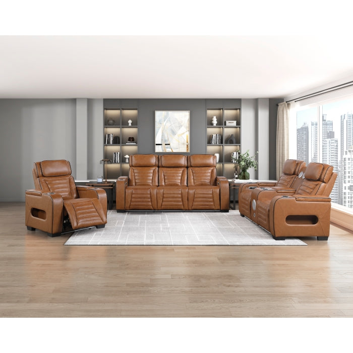 Cyber Brown Power Double Reclining Loveseat With Center Console Power Headrests Storage Arms Cup Holders Wireless Speakers With Sub-woofer Air Massage Heat Led Lighting And Charging Ports - Ornate Home