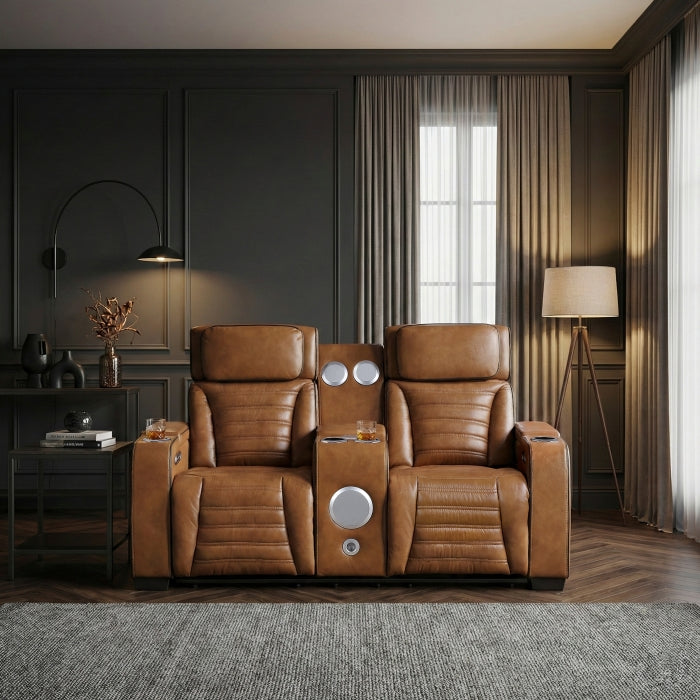 Cyber Brown Power Double Reclining Loveseat With Center Console Power Headrests Storage Arms Cup Holders Wireless Speakers With Sub-woofer Air Massage Heat Led Lighting And Charging Ports - Ornate Home