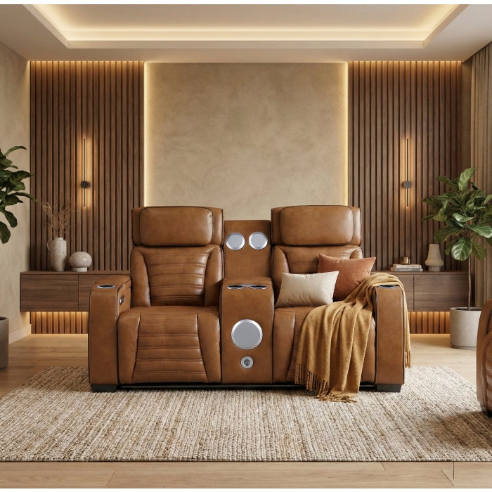 Cyber Brown Power Double Reclining Loveseat With Center Console Power Headrests Storage Arms Cup Holders Wireless Speakers With Sub-woofer Air Massage Heat Led Lighting And Charging Ports - Ornate Home