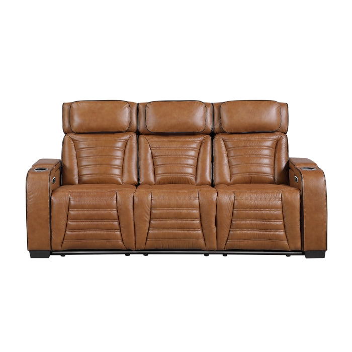 Cyber Brown Power Double Reclining Sofa With Center Drop-down Cup Holders Power Headrests Storage Arms Cup Holders Reading Lights Wireless Charger Air Massage Heat Led Lighting And Charging Ports - Ornate Home