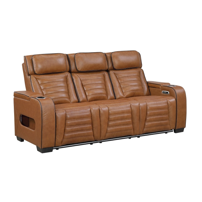 Cyber Brown Power Double Reclining Sofa With Center Drop-down Cup Holders Power Headrests Storage Arms Cup Holders Reading Lights Wireless Charger Air Massage Heat Led Lighting And Charging Ports - Ornate Home