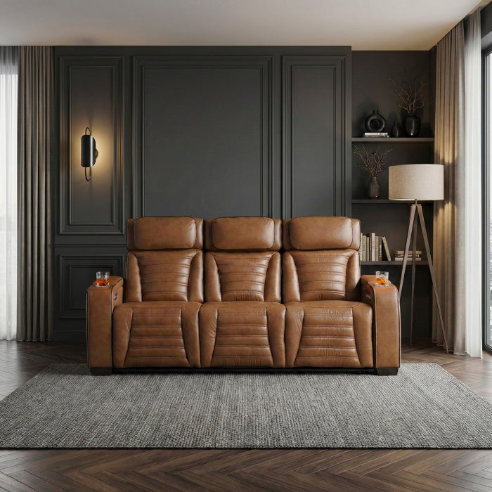 Cyber Brown Power Double Reclining Sofa With Center Drop-down Cup Holders Power Headrests Storage Arms Cup Holders Reading Lights Wireless Charger Air Massage Heat Led Lighting And Charging Ports - Ornate Home