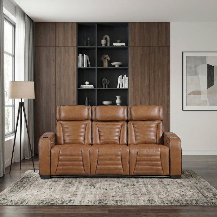 Cyber Brown Power Double Reclining Sofa With Center Drop-down Cup Holders Power Headrests Storage Arms Cup Holders Reading Lights Wireless Charger Air Massage Heat Led Lighting And Charging Ports - Ornate Home
