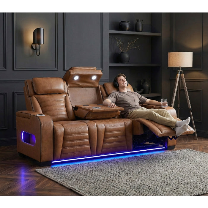 Cyber Brown Power Double Reclining Sofa With Center Drop-down Cup Holders Power Headrests Storage Arms Cup Holders Reading Lights Wireless Charger Air Massage Heat Led Lighting And Charging Ports - Ornate Home