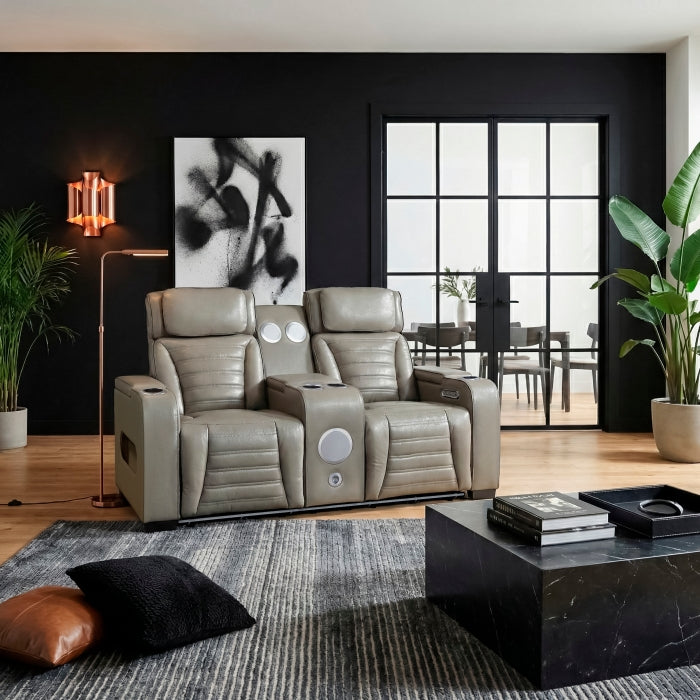 Cyber Gray Power Double Reclining Loveseat With Center Console Power Headrests Storage Arms Cup Holders Wireless Speakers With Sub-woofer Air Massage Heat Led Lighting And Charging Ports - Ornate Home