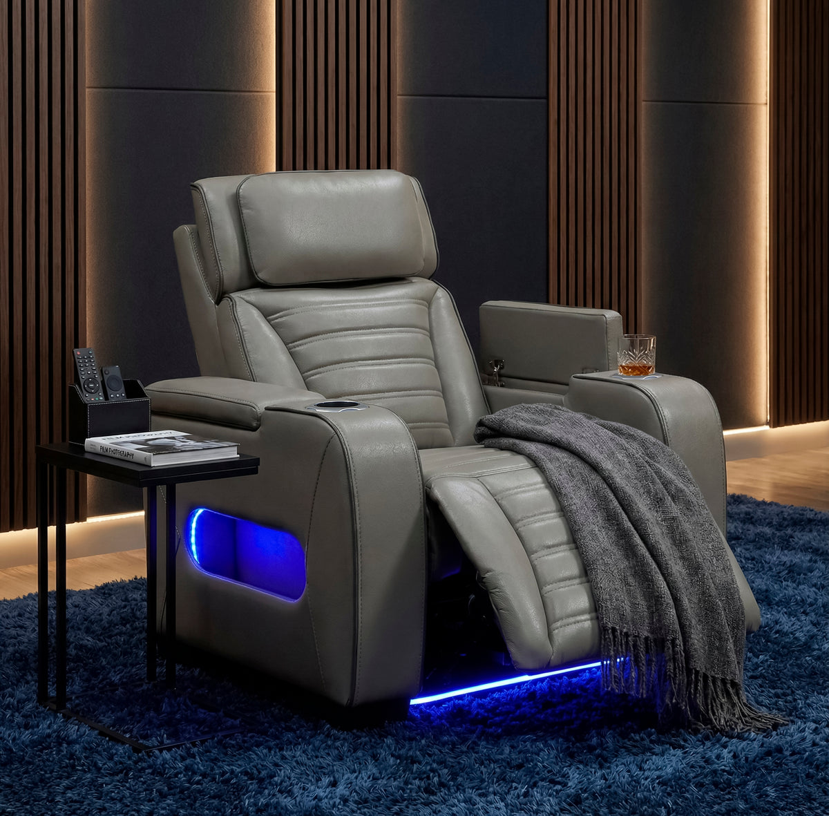 Cyber Gray Power Reclining Chair With Power Headrest Cup Holder Storage Arms Air Massage Heat Led Lighting And Charging Ports - Ornate Home