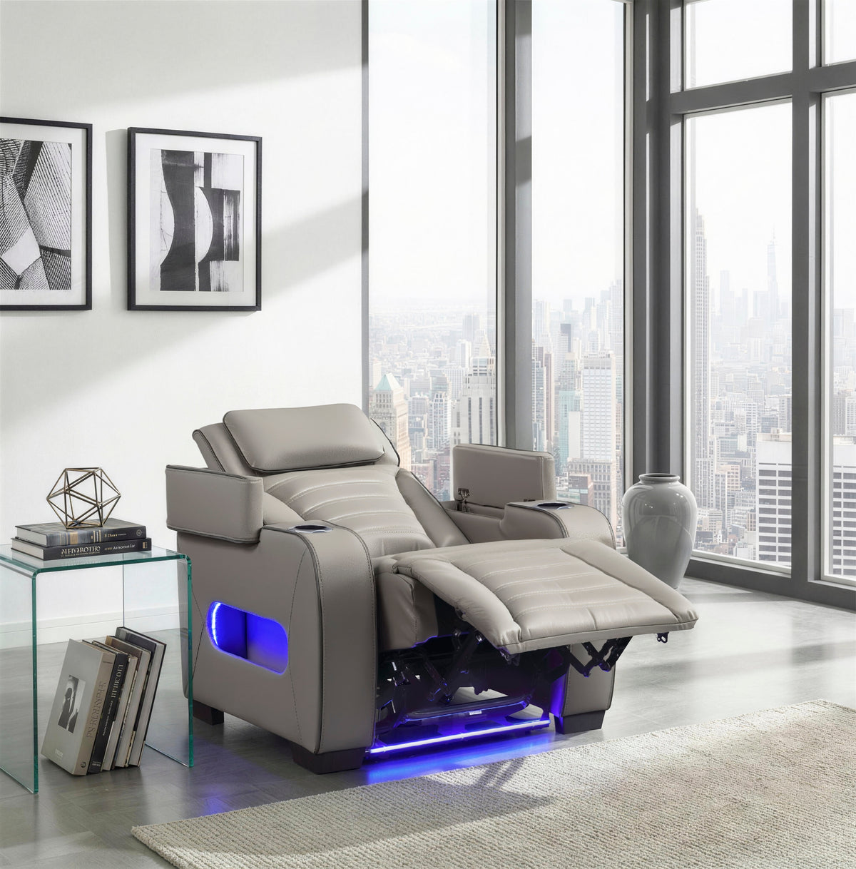 Cyber Gray Power Reclining Chair With Power Headrest Cup Holder Storage Arms Air Massage Heat Led Lighting And Charging Ports - Ornate Home