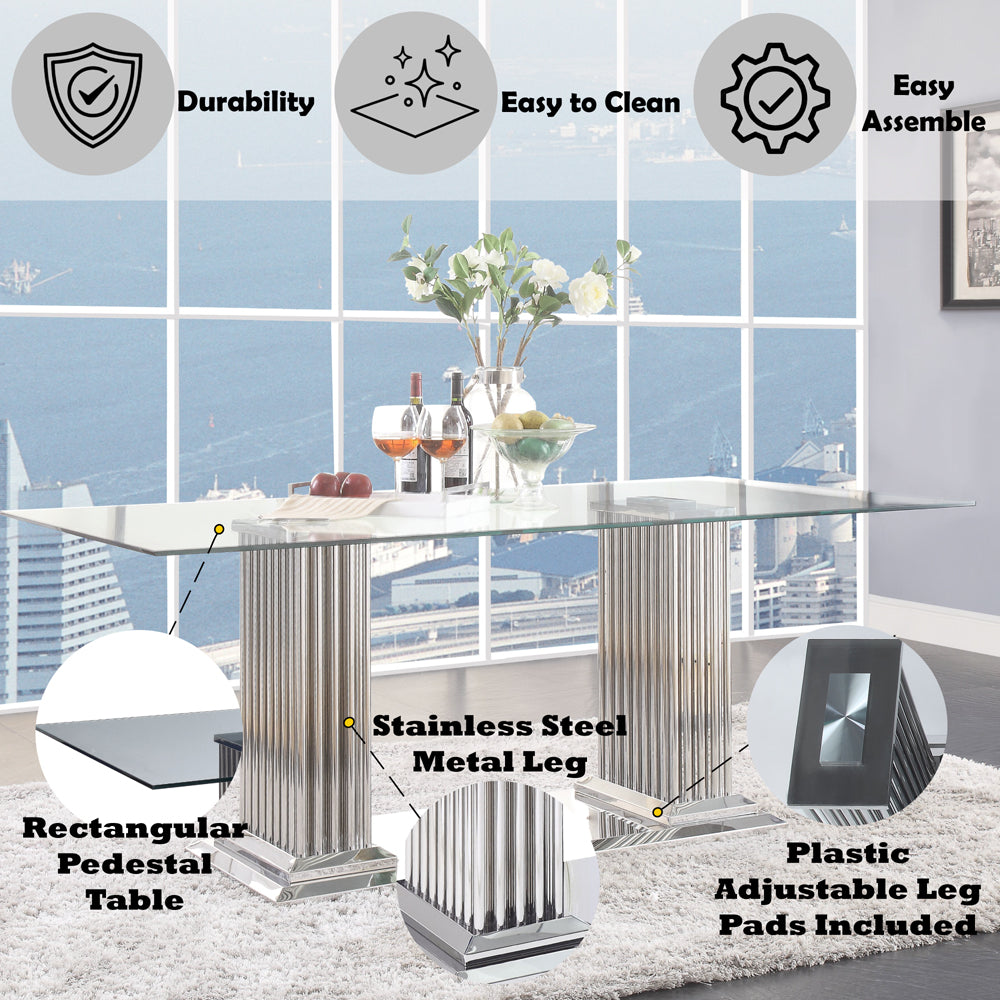 Cyrene Clear Tempered Glass & Stainless Steel Dining Table - Ornate Home
