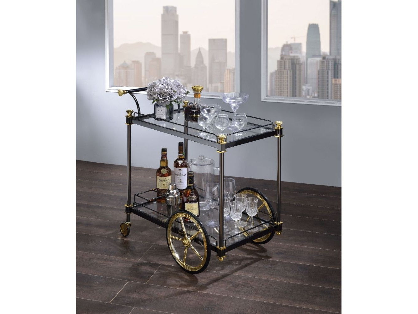 Cyrus Black/Gold & Clear Glass Serving Cart - Ornate Home