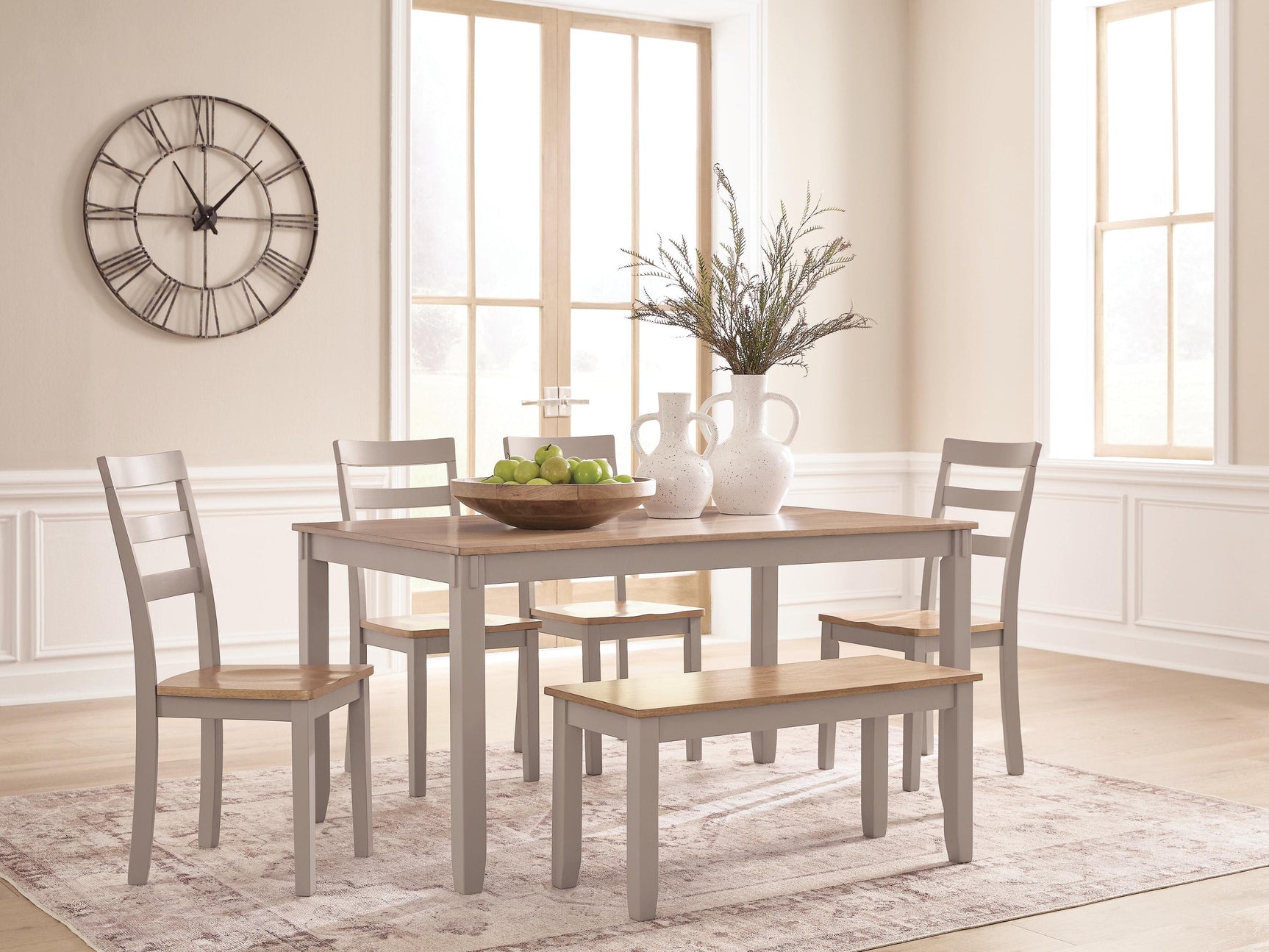 Harperfeld Natural/Gray Dining Table and 4 Chairs and Bench (Set of 6)