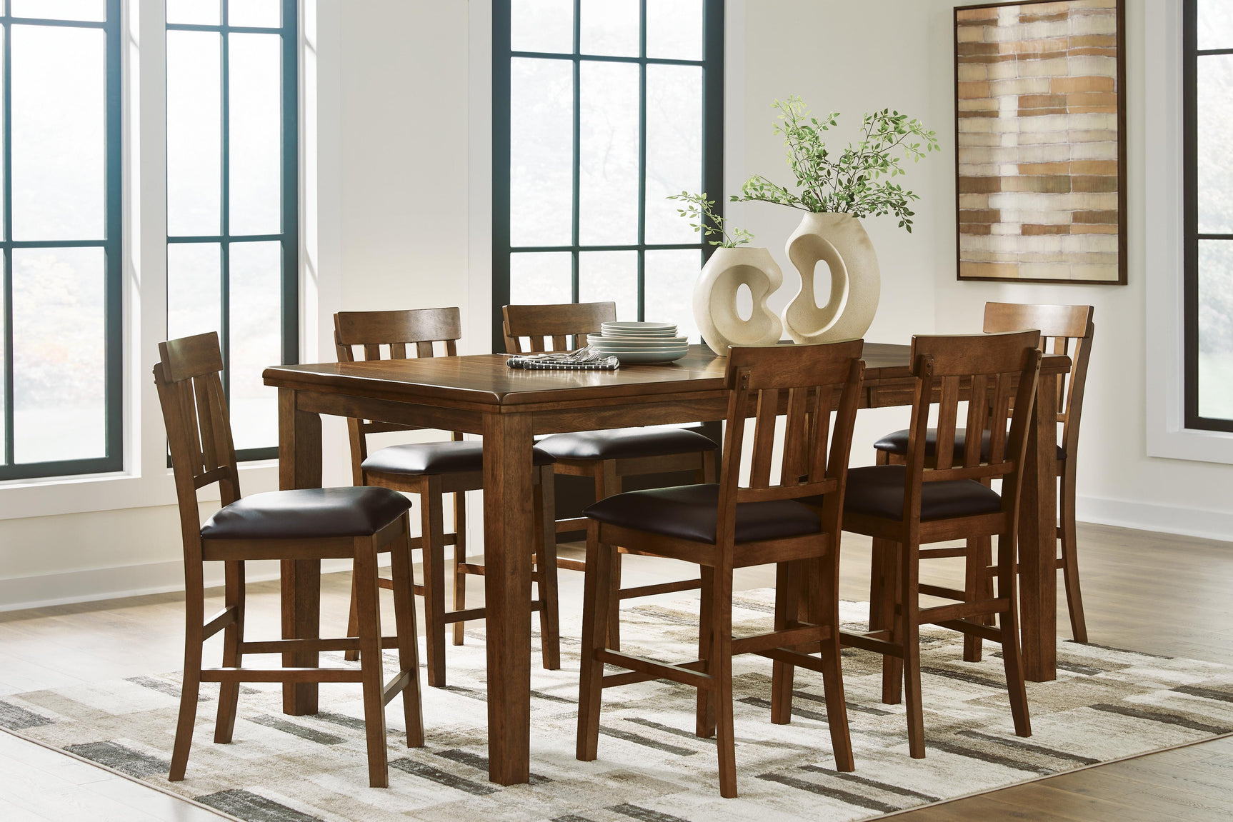 Ralene Medium Brown Counter Hight Dining Table and 6 Barstools (Online Special Price)