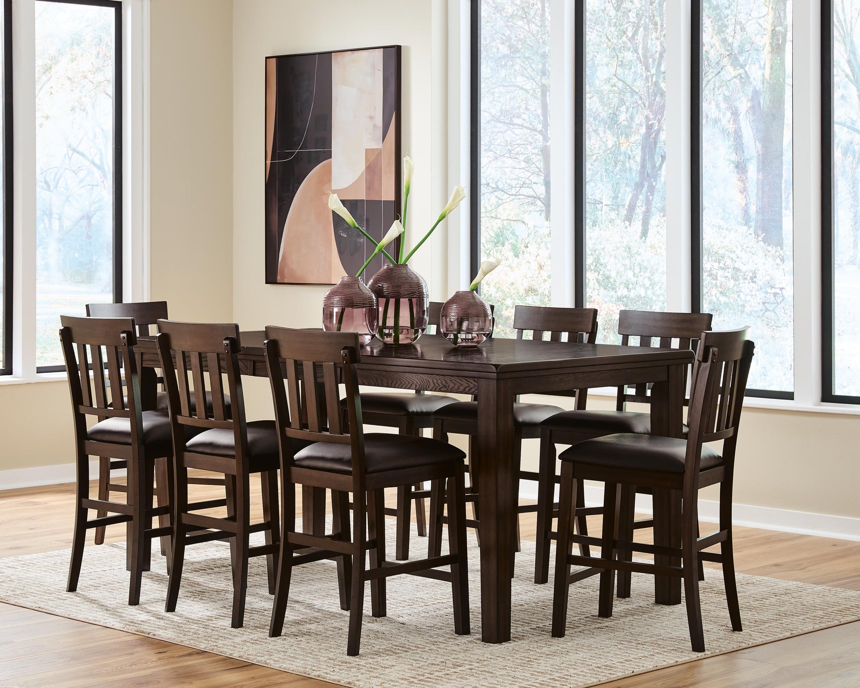 Haddigan Dark Brown Counter Height Extension Table and 8 Barstools