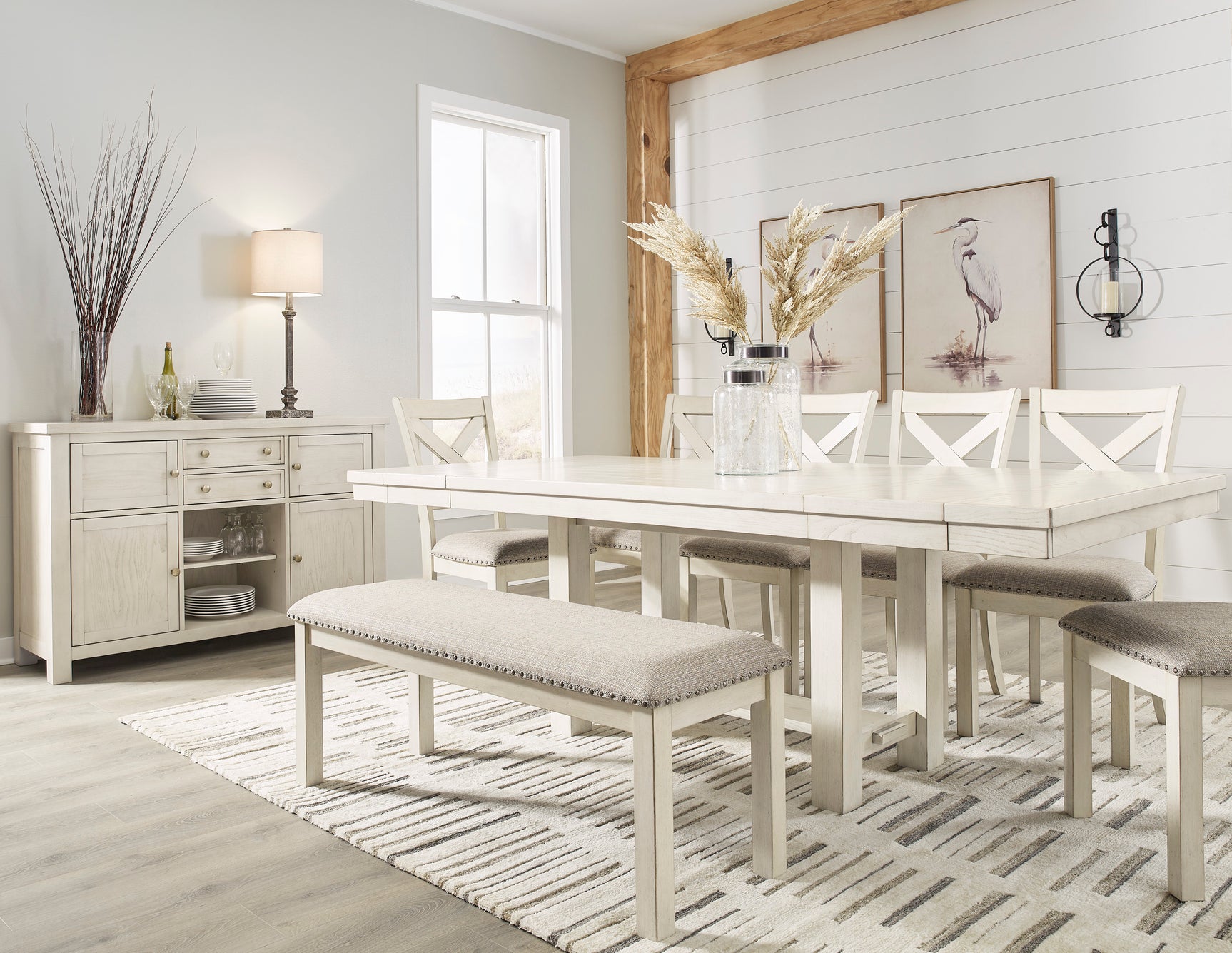 Robbinsdale Antique White Dining Table, 6 Chairs and Bench