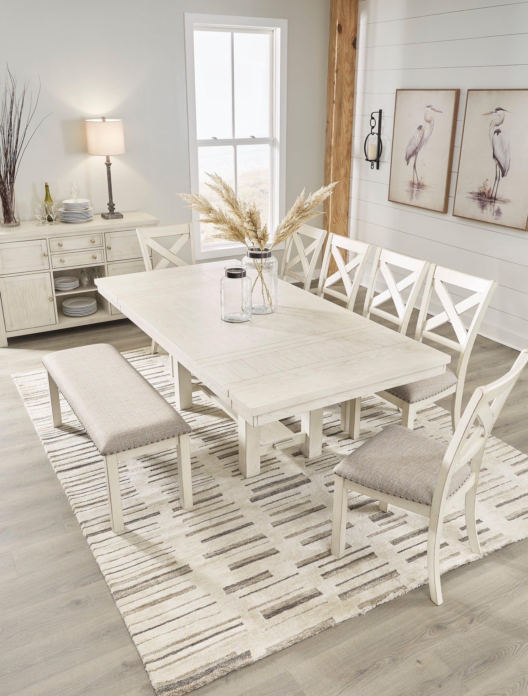 Robbinsdale Antique White Dining Table, 6 Chairs and Bench