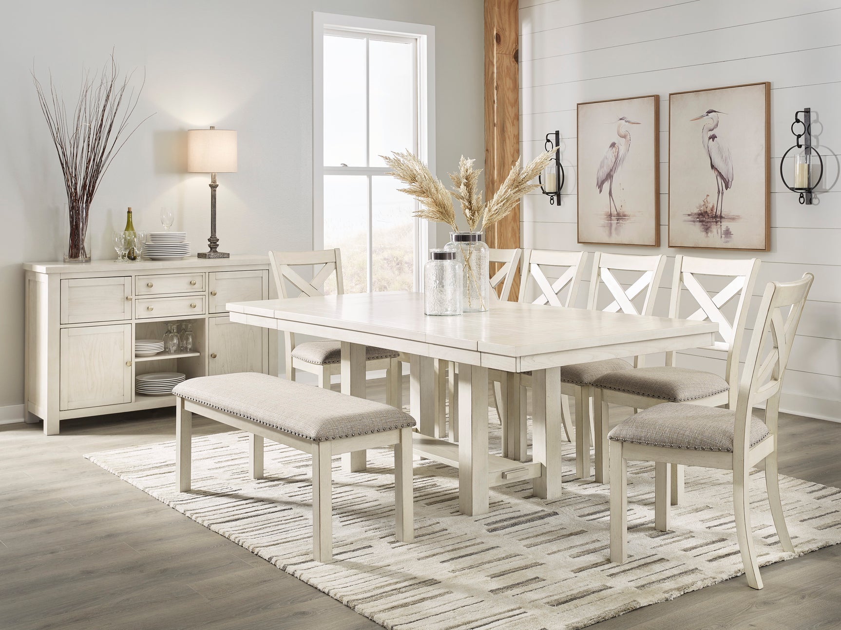 Robbinsdale Antique White Dining Table, 6 Chairs and Bench