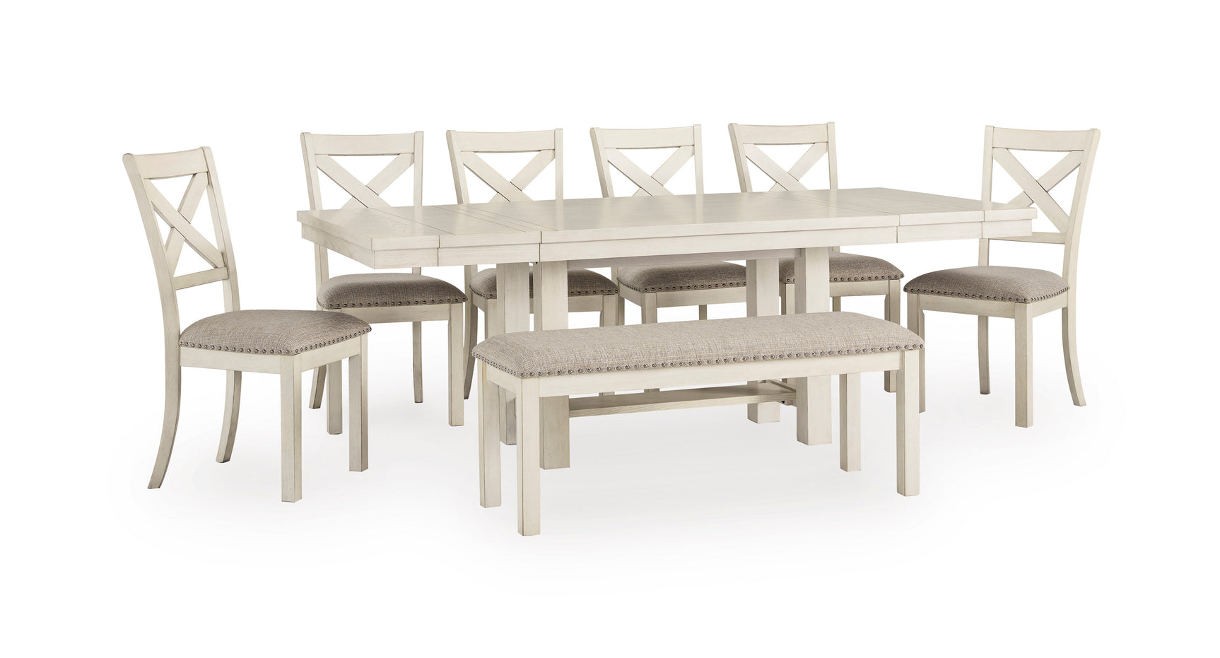 Robbinsdale Antique White Dining Table, 6 Chairs and Bench
