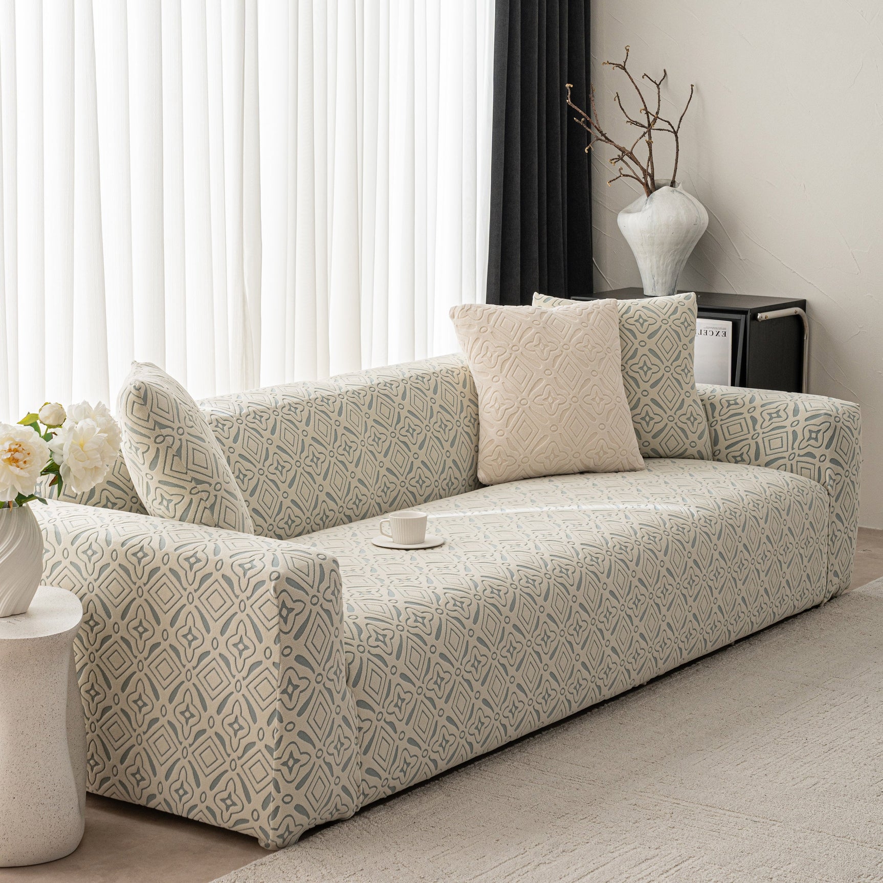 3D Jacquard Geometric Sofa Cover, High Stretch Soft Polar Fleece Slipcover for Couch