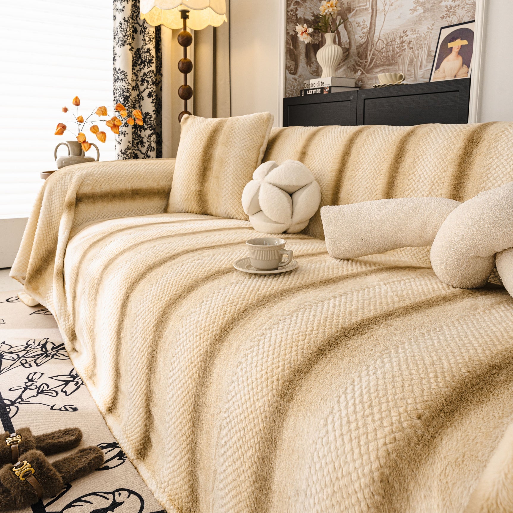 Faux Fur Sofa Cover Washable Furniture Protector for Sectional Warm & Fuzzy Slipcover