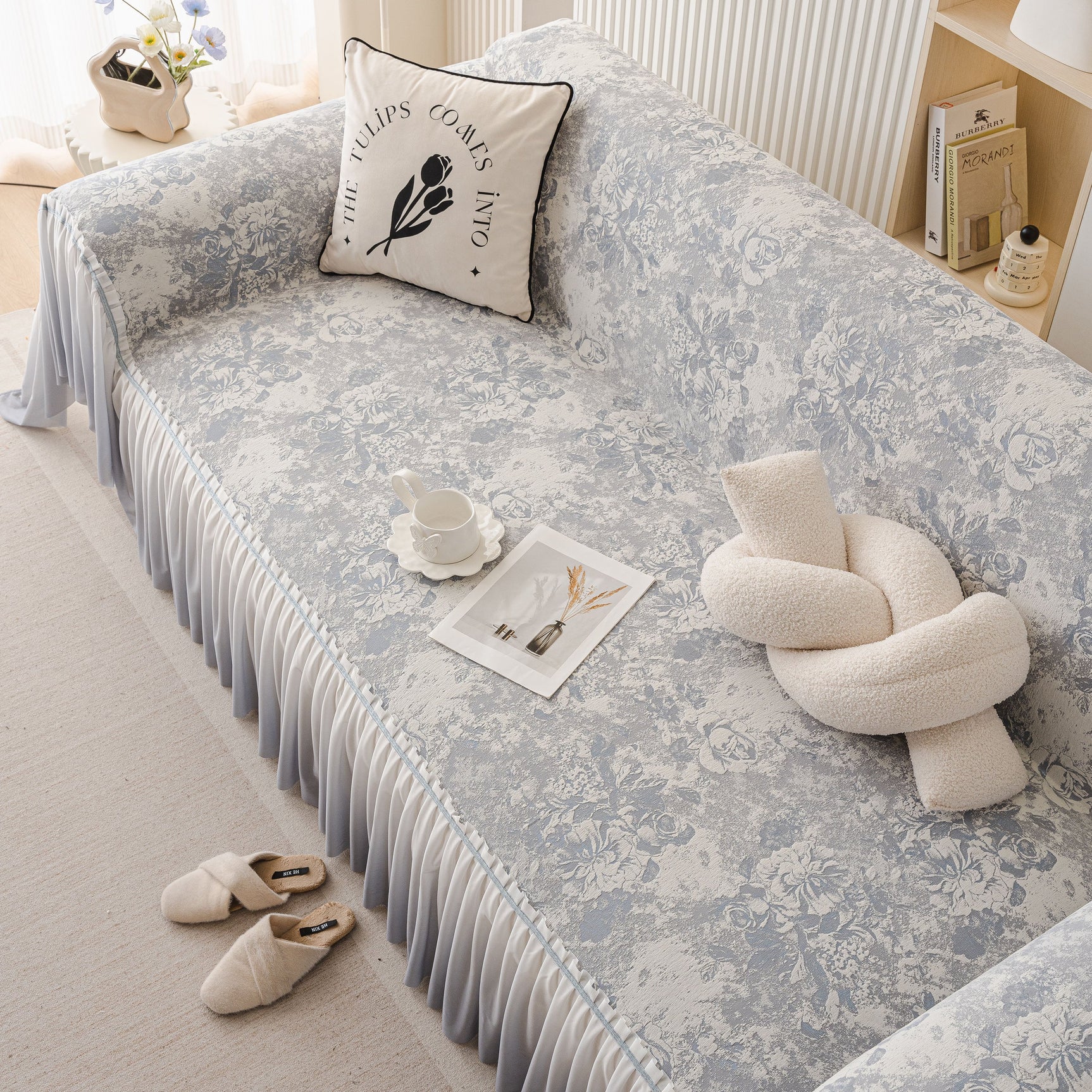 French Chic Style Ruffle Rose Cover Throw for Sofas, Decorative Sectional Covers