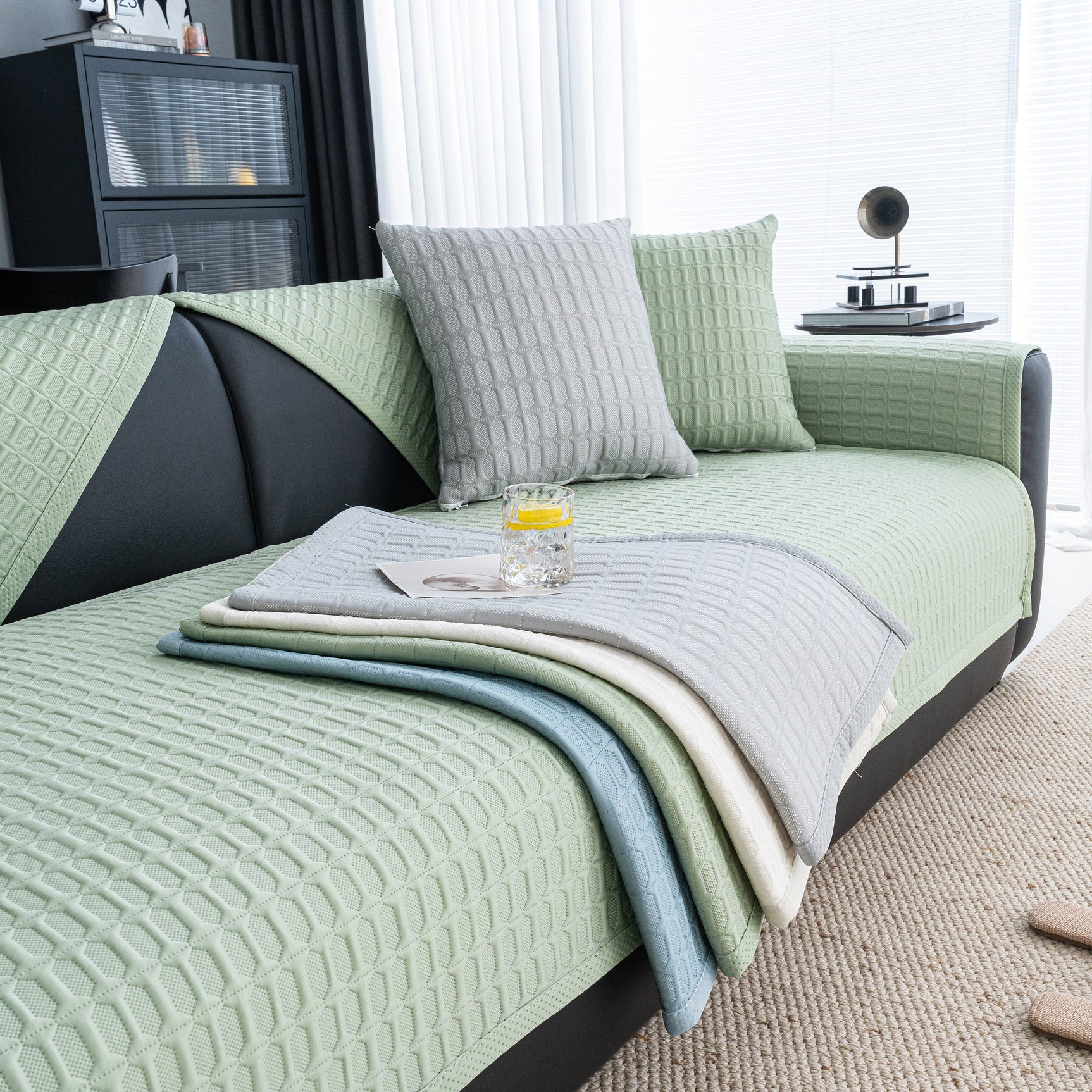 Geometric Textured Couch Slipcover Protector Non-Slip Ice Silk Sofa Cover for Couch