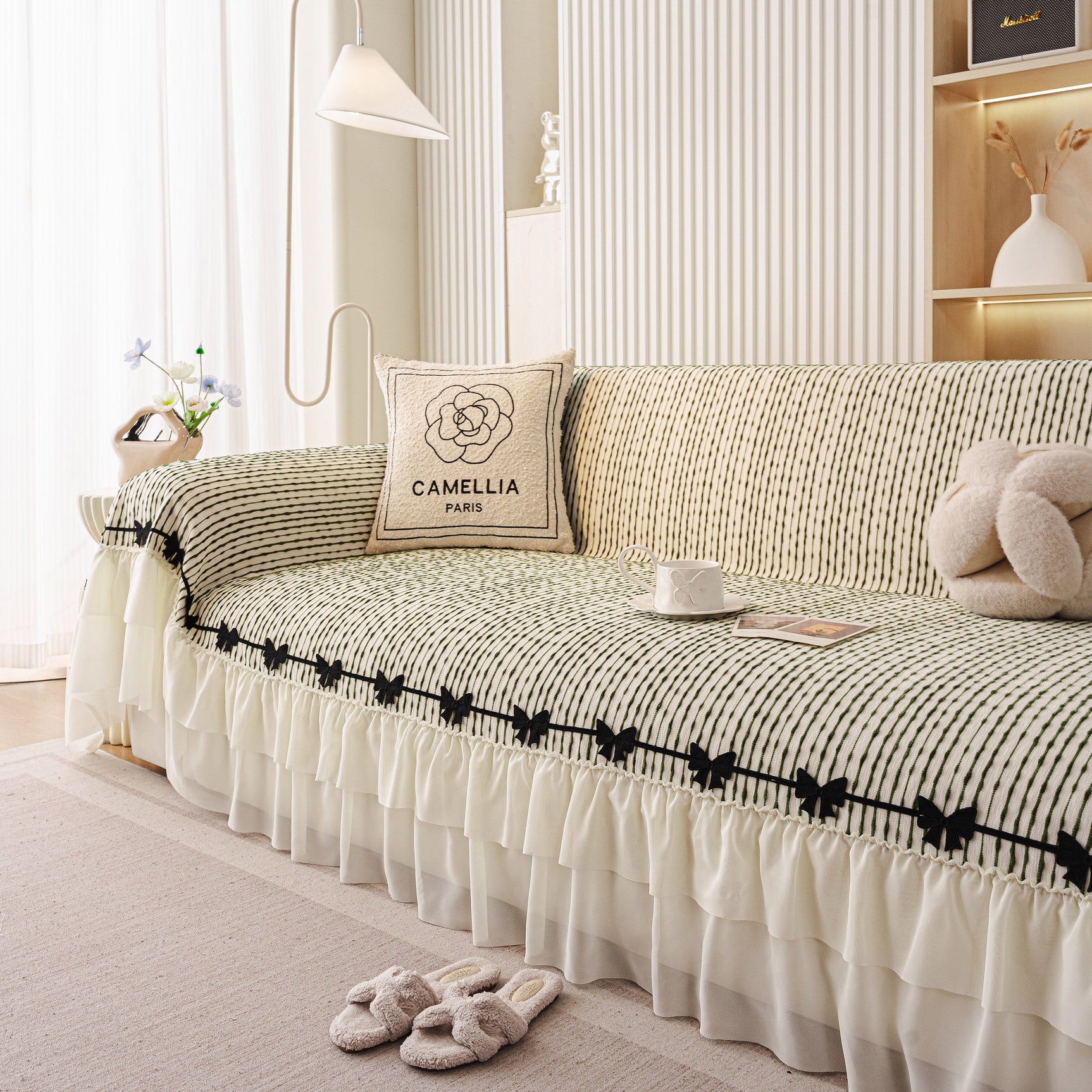 Ruffled Sofa Cover with Bowknot Decor, French Country Style Skirted Couch Slipcover