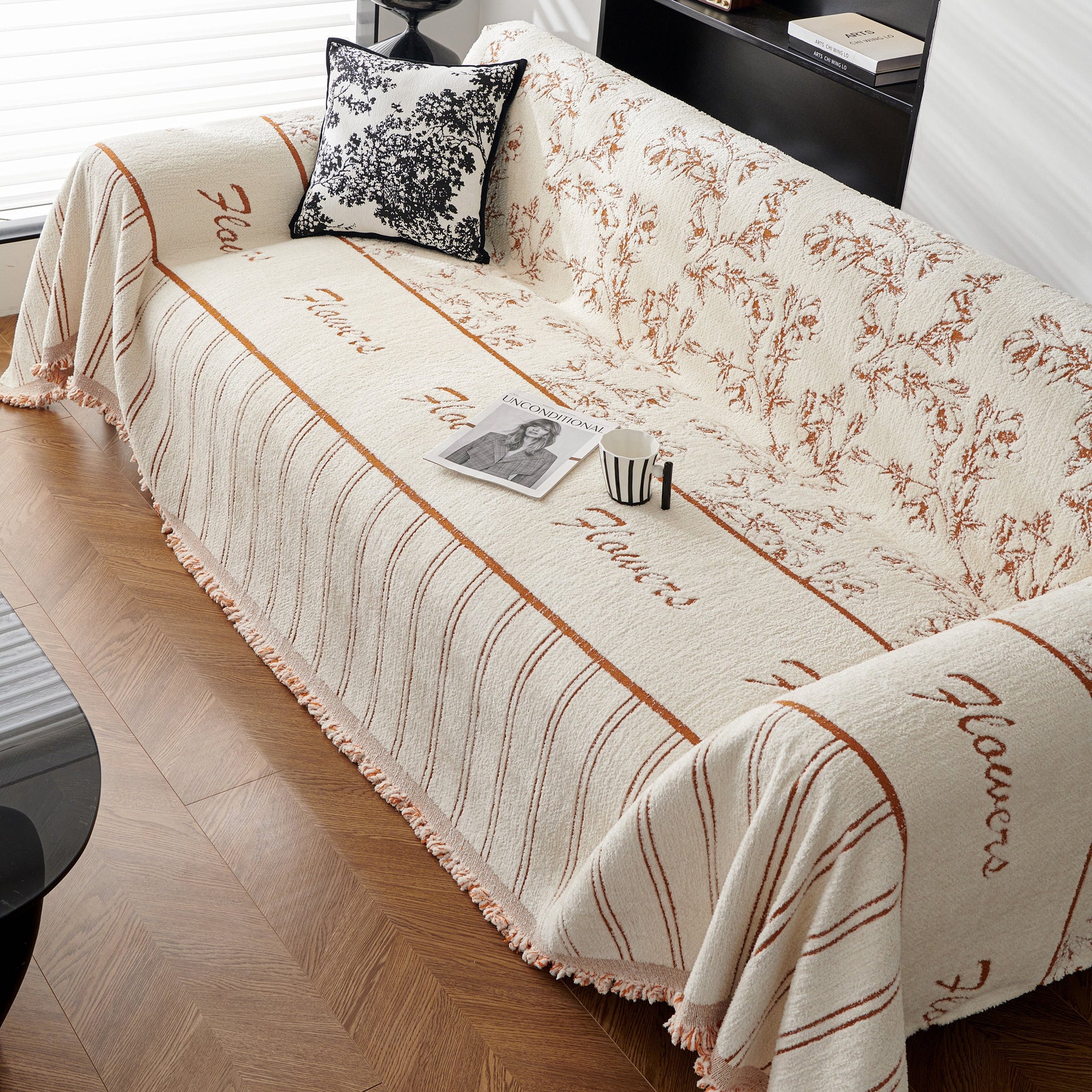 Chenille Striped Floral Couch Cover Sofa Slipcover for Most Shape Sofas, Reversible Sofa Throw Cover