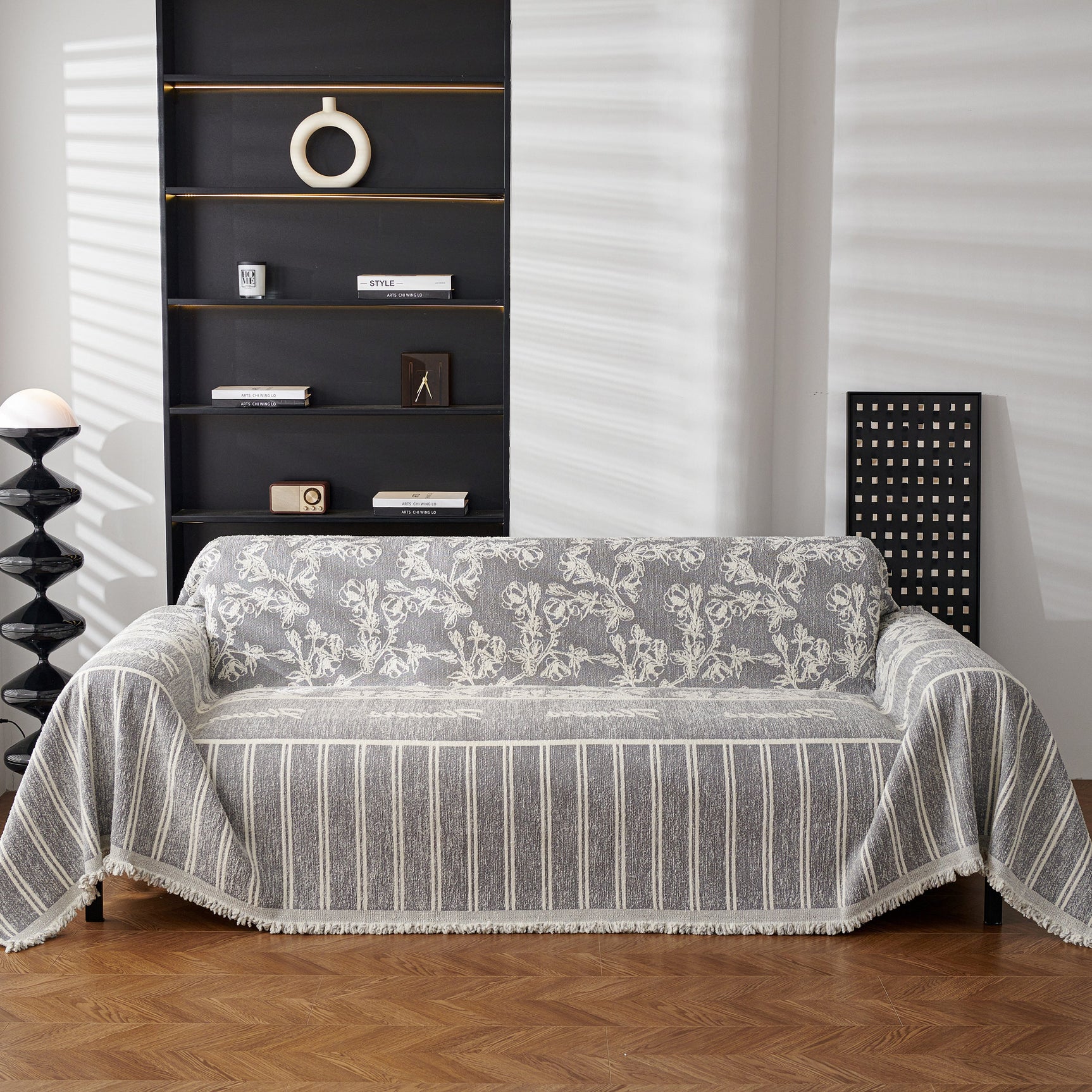 Chenille Striped Floral Couch Cover Sofa Slipcover for Most Shape Sofas, Reversible Sofa Throw Cover